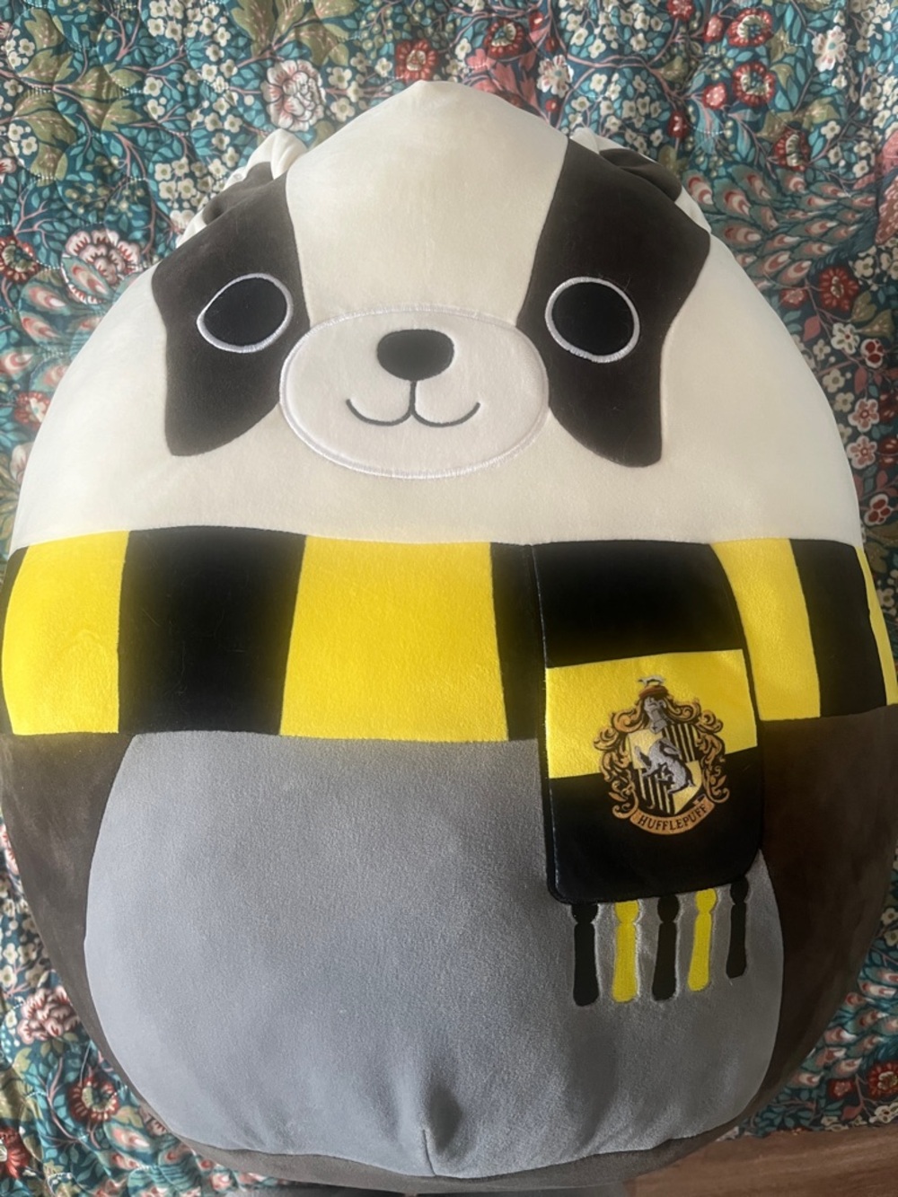 Hufflepuff Plush Badger Squishmallow plushie in Yellow, Black, White & Gray